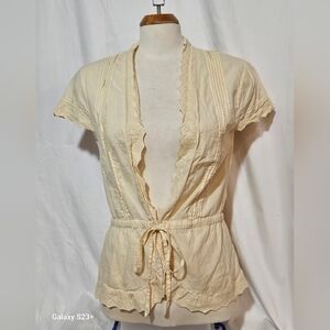 Sonoma Cream Lace-Trim Short Sleeve Tie-Front Top 100% cotton
